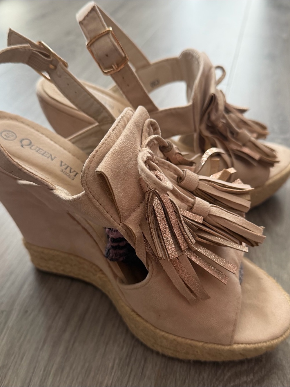 Sand with a hint of Blush Pink Wedge Sandals with Tassels Sz 40
